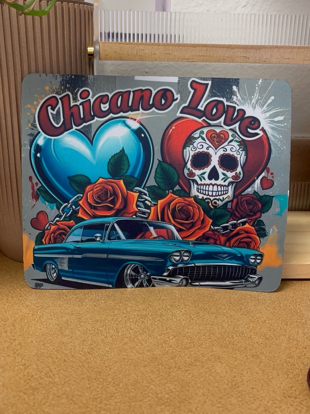 Chicano Love Car Mouse Pad - Teal Lowrider with Hearts & Roses New